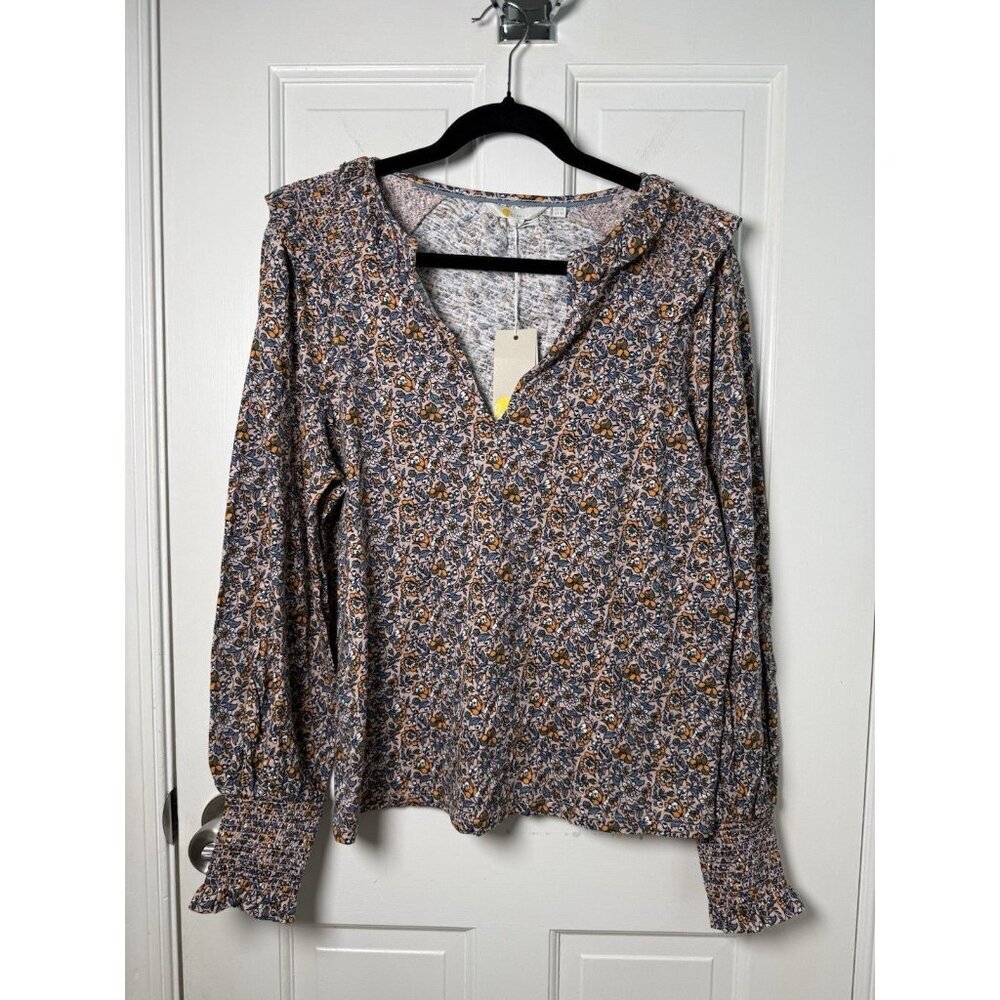 Boden WOMENS SIZE US 10 Notch Neck Smocked Frill Pink Orange/Blue Floral Top NWT